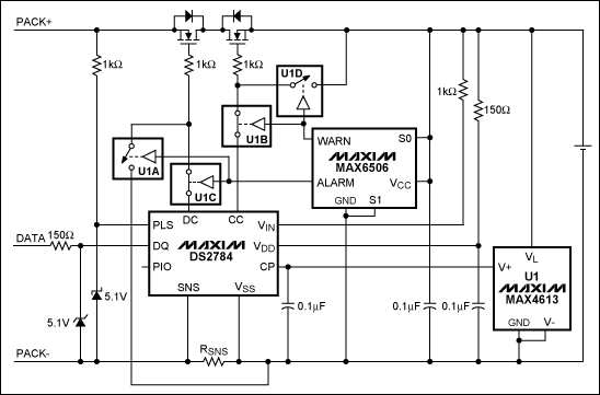 圖1. 在DS2784應(yīng)用電路中加入MAX6506和MAX4613實(shí)現(xiàn)可編程的熱保護(hù)(開(kāi)關(guān)U1A-U1D表示MAX4613內(nèi)的4個(gè)開(kāi)關(guān))。