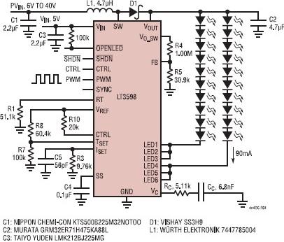 用于驅(qū)動兩串90mA LED的驅(qū)動電路圖