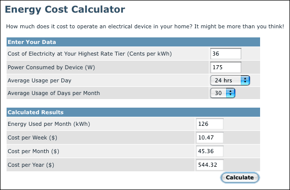 Figure 1. Energy cost calulator.