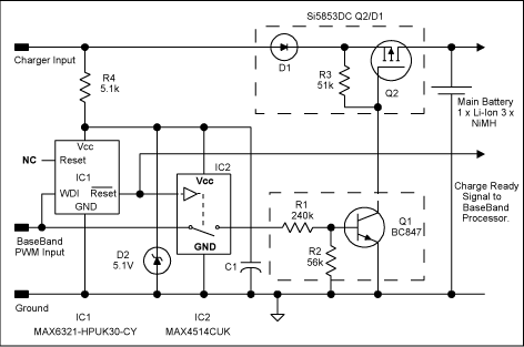 圖2、在圖1電路中添加IC1、IC2，在處理器停止工作時提供電池保護(hù)。