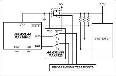 圖1. MAX16046通過MAX4525復用器/開關(guān)共用其I2C總線