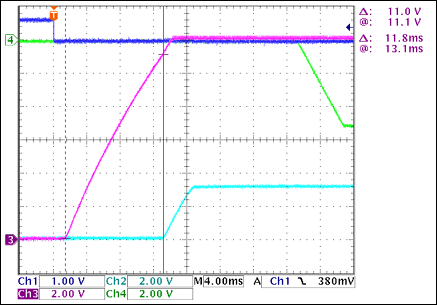 圖2. +12V至+3.3V接通延時，沒有負載Ch1 = Q8BASE(CARD_PRESENT), Ch2 = +3.3VOUT, Ch3 = +12VOUT, Ch4 = -5VOUT注釋：+12VOUT和+3.3VOUT之間有11.8ms延時。