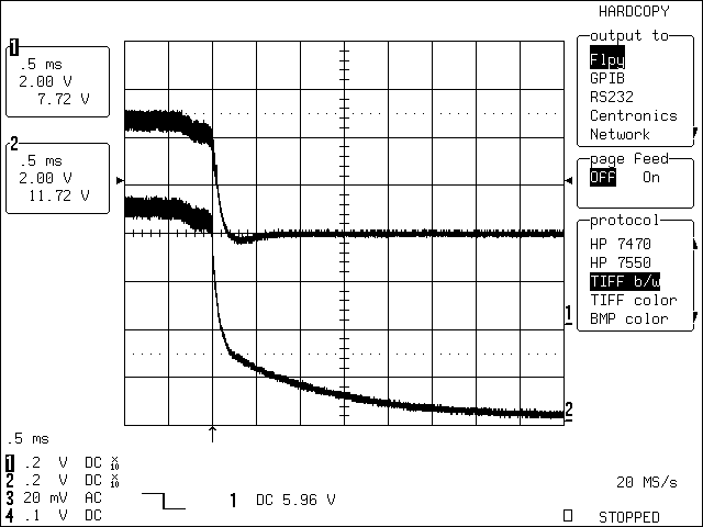 圖4. C1 = 22μF時，改進后的應用電路在移除充電電源后的瞬態(tài)波形