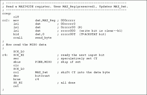 圖9. AtTiny13對(duì)MAX3420E寄存器進(jìn)行讀操作的匯編程序。在此可以調(diào)整SPI接口的時(shí)序以提高光耦的性價(jià)比。