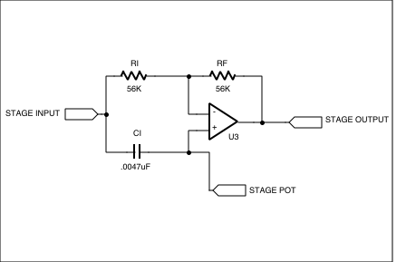 Figure 6. One stage (of four) which implements the phase shift. This is the same circuit as Figure 3, but R1 of that circuit is replaced by a section of a hex potentiometer, referred to here as the 