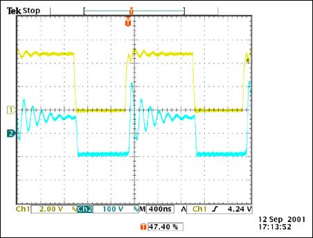 Figure 5A. Voltage at the D2 rectifier cathode without a snubber. (CH1= Voltage waveform at EXT/pin 8 of MAX1856; CH2= cathode of rectifier D2).