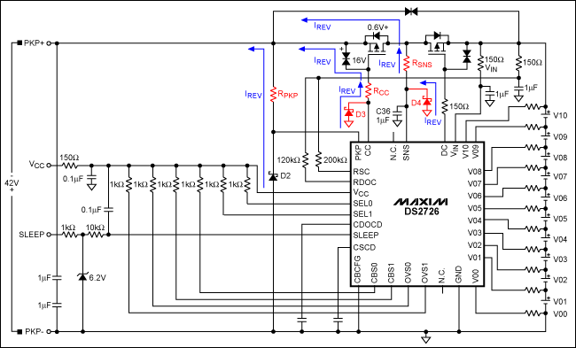 圖1. 對DS2726典型應(yīng)用電路進(jìn)行修改，使其在充電器反接時(shí)免于損壞。