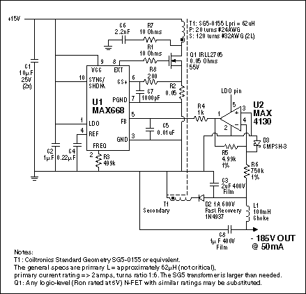 Figure 1. This circuit uses the MAX668 and a transformer (which will need about a one-to-six turns ratio) to make a flyback converter. The op amp inverts the feedback from the negative output voltage.