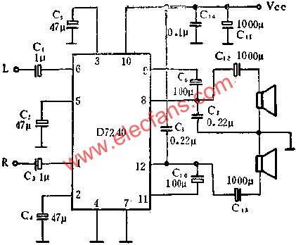 D7240音頻功率放大電路作立體聲功率放大的應(yīng)用  www.delux-kingway.cn