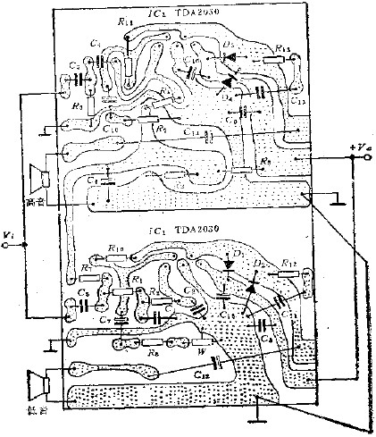 二路RC分頻22W音箱功放電路印制板
