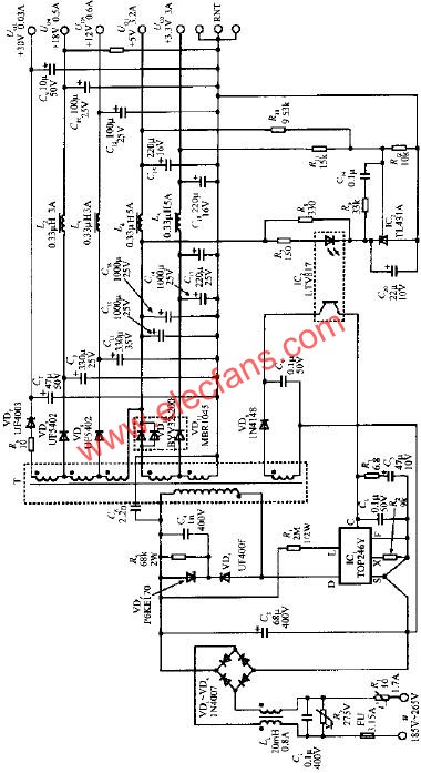 由TOP246Y構(gòu)成的45W多路輸出式開關(guān)電源電路  www.delux-kingway.cn