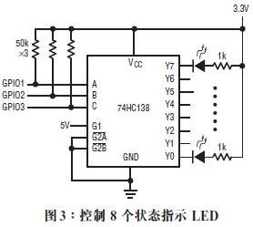 采用全部 3 個 GPIO 引腳來點亮 8 個 LED 中的 1 個