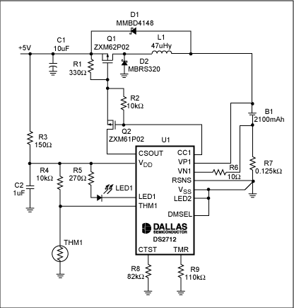 Figure 7. Schematic shows a single-cell NiMH charging from a USB port.