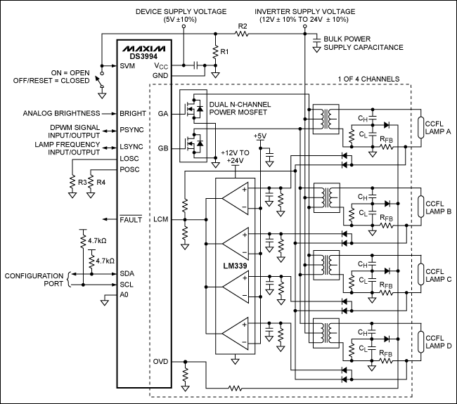 圖2. 每個通道驅(qū)動多個燈管的典型工作電路