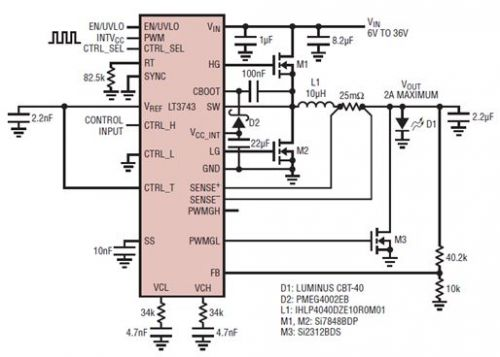 具電流受限并聯(lián)輸出的 6V 至 36V 輸入、2A LED 驅(qū)動(dòng)器