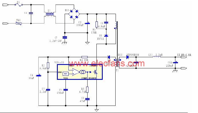 VIPer53設(shè)計的12V/4A 的原邊反饋的開關(guān)電源電路