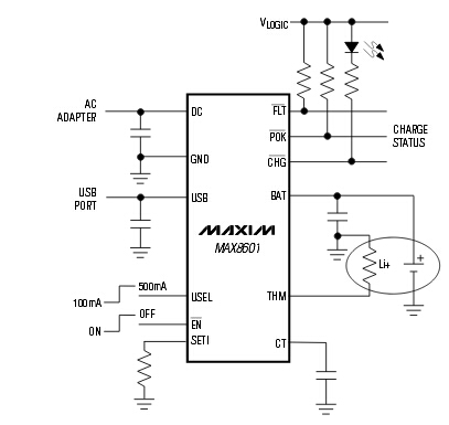 MAX8601 提供OVP保護(hù)和可編程充電定時(shí)的電池充電器