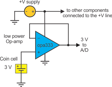 連接 OPA333 單位增益放大器，監(jiān)控紐扣電池電壓