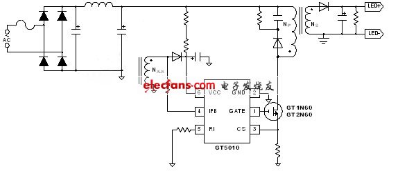 圖一、聚辰GT5010 LED線路示意圖。(電子系統(tǒng)設(shè)計(jì))