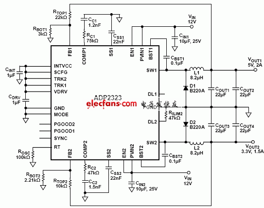 ADP2323采用外接二極管的應(yīng)用電路圖