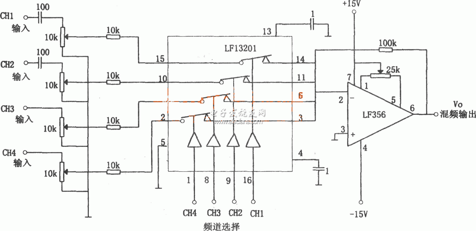 　　如圖所示為四通道電子開(kāi)關(guān)音頻混頻器電路