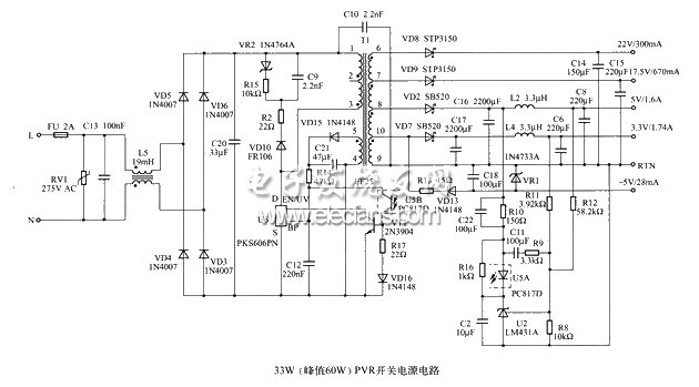 33W的PVR開(kāi)關(guān)電源電路