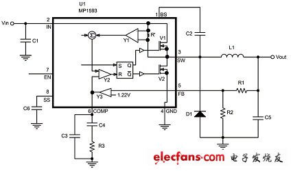  MP1593 典型的外部應用電路及部分內部原理圖