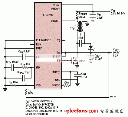 LTC3786構(gòu)成非同步SEPIC轉(zhuǎn)換器電路