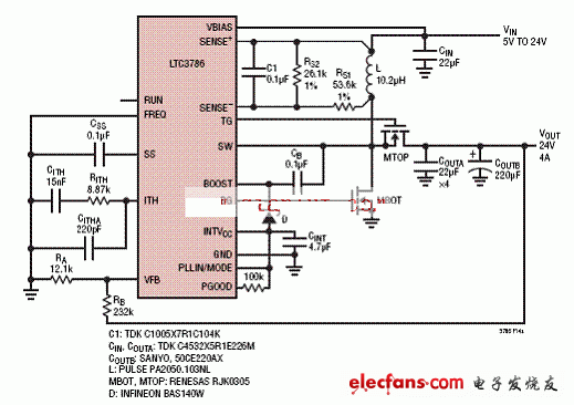 采用電感DCR電流檢測(cè)的LTC3786升壓轉(zhuǎn)換器電路