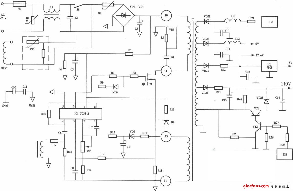 聯(lián)想LX-PL4C2型彩色顯示器開(kāi)關(guān)電源電路