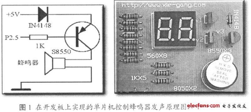 在開發(fā)板上實現(xiàn)的單片機控制蜂鳴器發(fā)聲原理圖