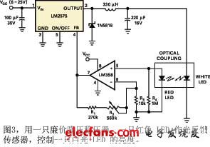 圖3用一只廉價(jià)降壓穩(wěn)壓器一只紅色LED作光反饋傳感器控制一只白光LED的亮度