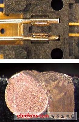 圖8、0.016× 0.09英寸鍍金銅端子和0.016英寸直徑鍍銀銅導(dǎo)線之間的微小縫隙焊接。
