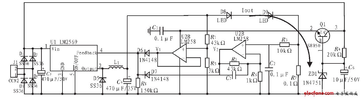 圖4 基于LM2596-ADJ 的LED 開關恒流穩(wěn)壓電源