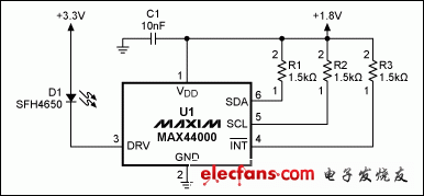 圖1. MAX44000典型電路，包括LED。