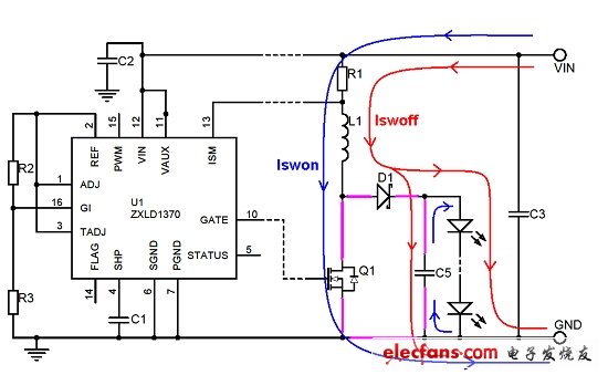 圖5:ZXLD1370升壓LED驅(qū)動器的開關(guān)電流路徑。