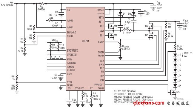 圖 1，效率為98%、功率為50W (25V、2A)的降壓-升壓型LED驅(qū)動器具50:1的調(diào)光比。