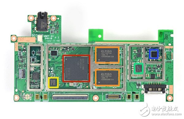 主要元器件大集合，包括高通APQ8064四核（紅色）、爾必達(dá)J4216EFBG 512MB內(nèi)存4顆