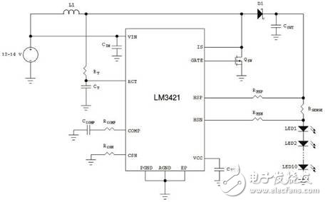 使用LM3421的升壓穩(wěn)壓器驅(qū)動(dòng)10個(gè)LED