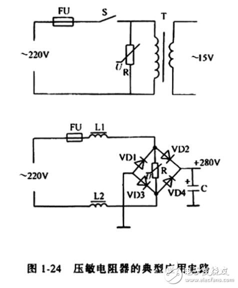 壓敏電阻器的典型應(yīng)用電路。