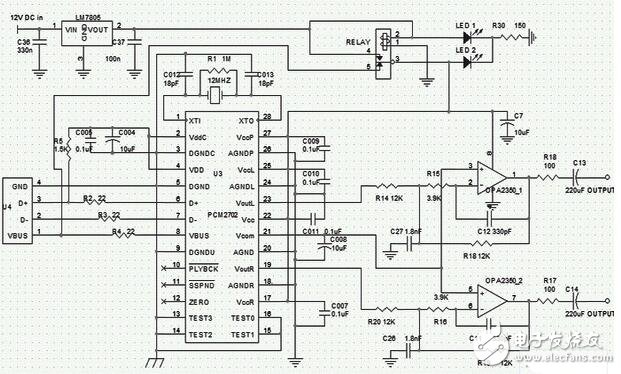 使用PCM2702解碼芯片的USB聲卡電路圖，USB聲卡電路創(chuàng)新設(shè)計(jì)(D/A轉(zhuǎn)換芯片_PCM2702)