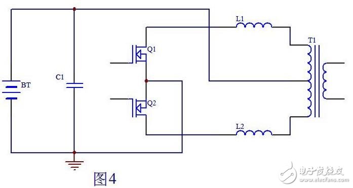 當Q1柵極信號由高電平變?yōu)榈碗娖綍r，此時Q2也還截止，即死區(qū)處Q1，Q2都不導(dǎo)通，T1初級上半部分由于和次級耦合的原因，能量僅在Q1導(dǎo)通時向次級傳遞能量，到Q1截止時T1初級上半部分上端的電位已恢復(fù)到電池電壓，而L1可以看做是是一個獨立的電感，它儲存的能量耦合不到變壓器T1的次級。