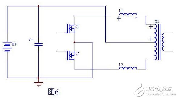 當Q1柵極信號由高電平變?yōu)榈碗娖綍r，此時Q2也還截止，即死區(qū)處Q1，Q2都不導(dǎo)通，T1初級上半部分由于和次級耦合的原因，能量僅在Q1導(dǎo)通時向次級傳遞能量，到Q1截止時T1初級上半部分上端的電位已恢復(fù)到電池電壓，而L1可以看做是是一個獨立的電感，它儲存的能量耦合不到變壓器T1的次級。