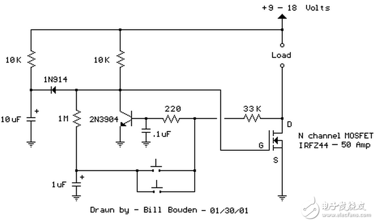 當(dāng)開(kāi)關(guān)按下時(shí)，1uF電容被連接到220歐姆和33K電阻連接點(diǎn)，NPN晶體管截止，場(chǎng)效應(yīng)管導(dǎo)通開(kāi)啟負(fù)載。釋放按鈕后，1uF電容通過(guò)1M電阻充電。第二次按下開(kāi)關(guān)，1uF電容充電后的電壓被加載到NPN晶體管基極，晶體管導(dǎo)通，場(chǎng)效應(yīng)管關(guān)閉，負(fù)載斷電。