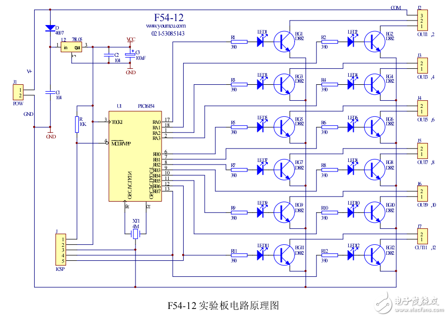 PIC16F54是最容易學(xué)習(xí)的單片機(jī),F54-12實(shí)驗(yàn)板可作為其入門實(shí)驗(yàn),更可實(shí)際應(yīng)用于12路以下廣告燈控制器