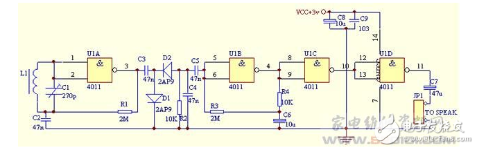 基于CD4011的簡(jiǎn)易AM收音機(jī)制作電路原理圖